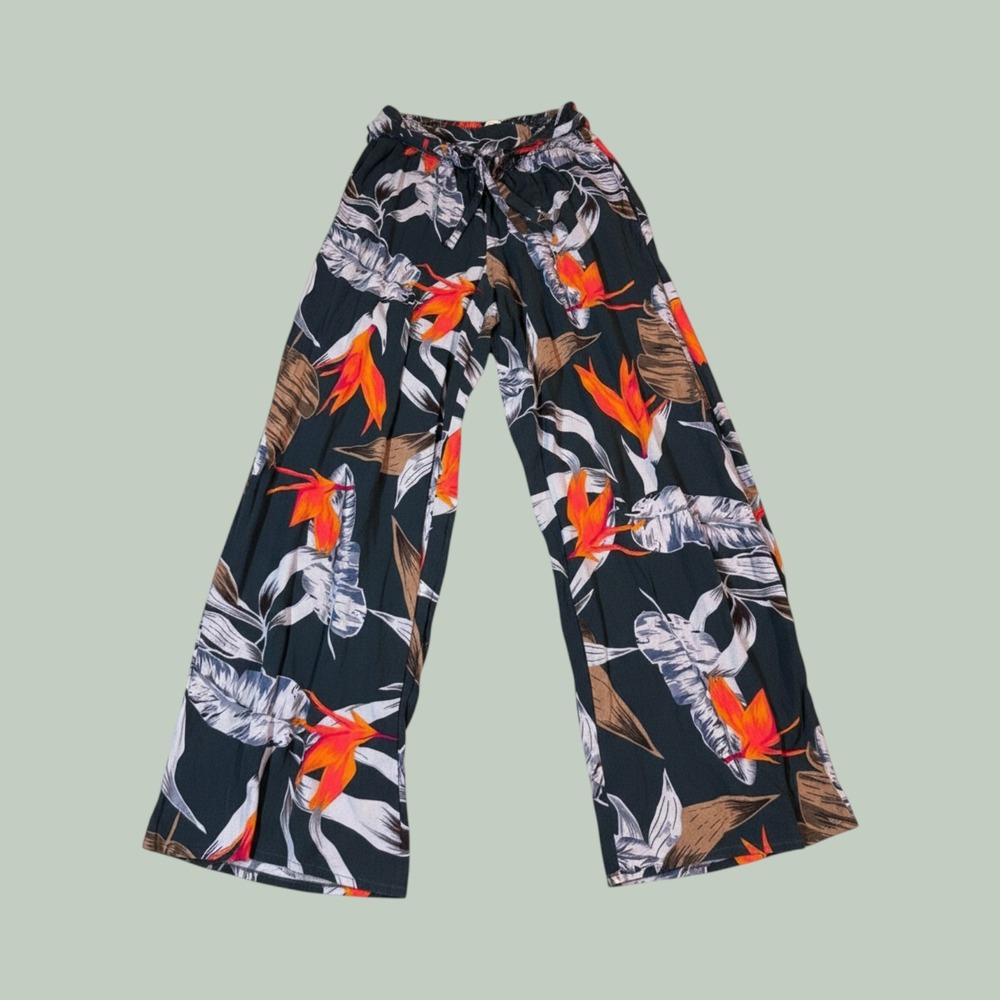 Patrons of Peace Tropical Bird of Paradise Wide Leg Pants S Black Floral Tie